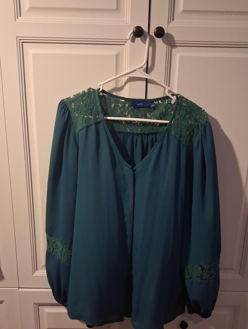 3/$12 Apt. 9 Teal Green Lace-Yoke Long Sleeve Blouse